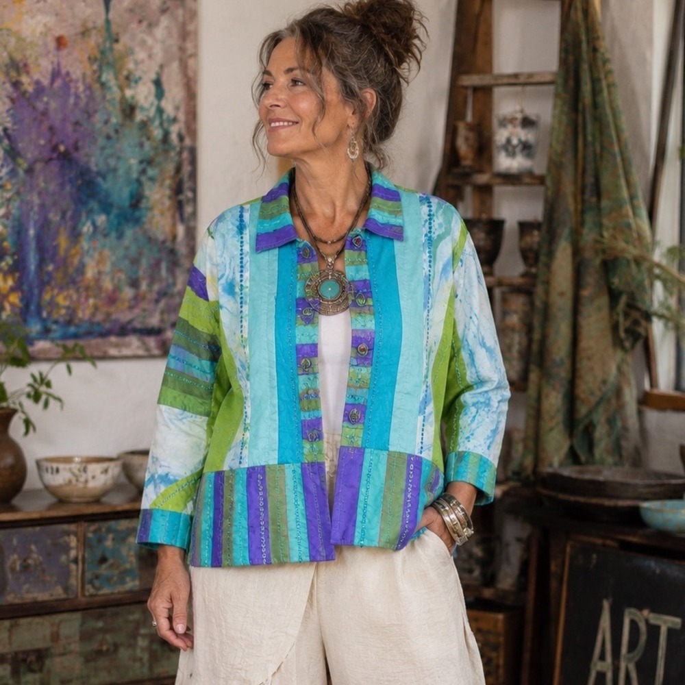 Parsley & Sage Patchwork Sequin Jacket Teal Green Purple Boho Art To Wear S